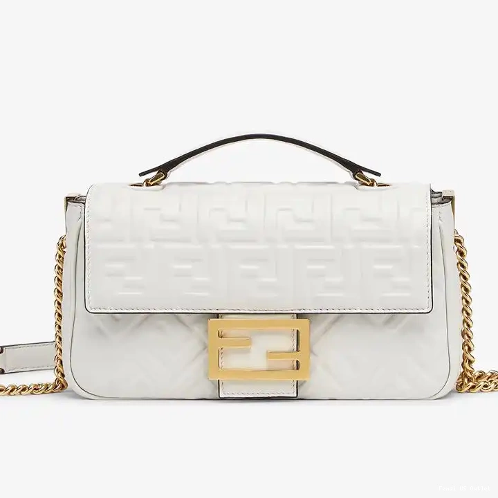 Cheap HOT Baguette Midi White Leather FF In Nappa Bag Fendi Chain Motif 0706